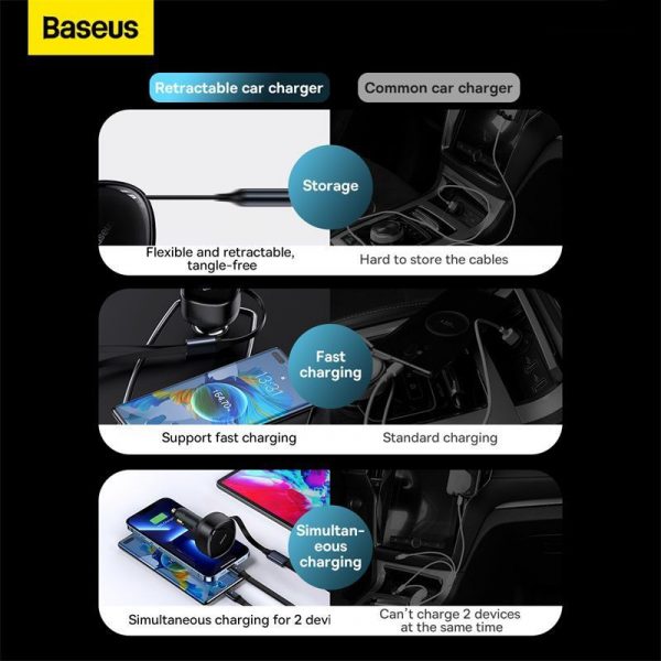 Tẩu sạc ô tô Baseus sạc nhanh tích hợp Cáp TypeC + Lightning 60W