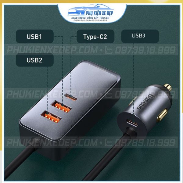 Tẩu chia sạc ô tô Baseus 3 USB 1 Type C có dây dài 1.5m