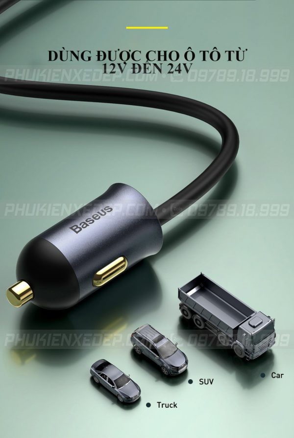 Tẩu chia sạc ô tô Baseus 3 USB 1 Type C có dây dài 1.5m