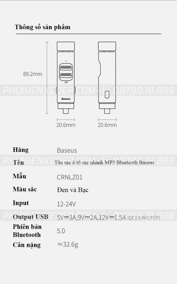 Tẩu sạc ô tô sạc nhanh công suất 18W phát nhạc MP3 Bluetooth